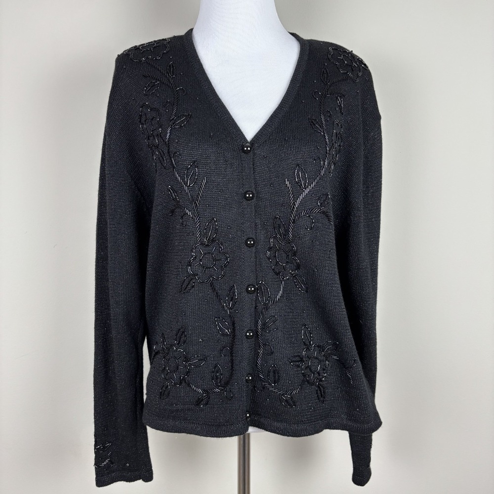 Christopher & Banks Whimsigoth Cardigan Sweater Womens‎ Medium Beaded Floral Vtg